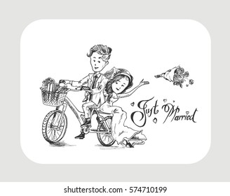 Just married romantic couple riding bicycle, Cartoon Hand Drawn Sketch Vector Background.