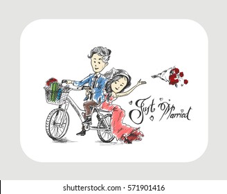 Just married Romantic lovers - Couple in love riding bicycle, Cartoon Hand Drawn Sketch Vector Background.