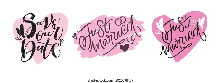 Acabo de casarme, salva la fecha - linda etiqueta con letras sobre la boda. Cartel de boda.