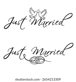 Just Married Save the date - wedding lettering design. Vector illustration. stock illustration. Lovers of Doves and Wedding Rings
