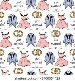 Just married seamless vector pattern. Symbols of the wedding ceremony - engagement rings, a dress for the bride, a suit for the groom, cute pink hearts. Flat cartoon background for cards, invitations