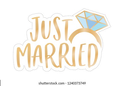 Just Married, Just Married Sign, Just Married Banner, Wedding Banner, Wedding Congrats, Wedding Bells, Diamond Ring Vector Isolated Sign Banner Illustration Background