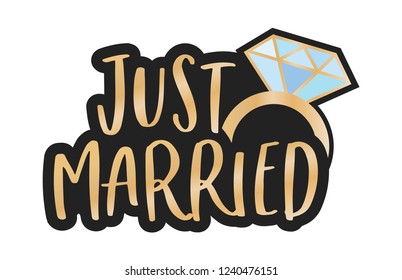 Just Married, Just Married Sign, Just Married Banner, Wedding Banner, Wedding Congrats, Wedding Bells, Diamond Ring Vector Isolated Sign Banner Illustration Background