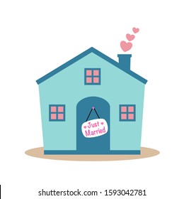 Just married sign hanging in front of house. Vector illustration on white background.