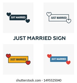 Just Married Sign icon set. Four elements in diferent styles from honeymoon icons collection. Creative just married sign icons filled, outline, colored and flat symbols.