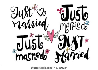 just married templates, labels, card. Wedding invitation with hand drawn lettering, flowers in simple style, Isolated