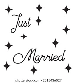 Just Married Text Alphabet Font Typography Calligraphy. Modern handmade calligraphy. Hand drawn lettering element for your design. 