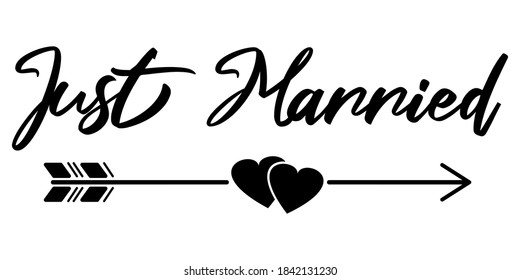 Just Married text with arrow and hearts. Black sign isolated vector illustration.