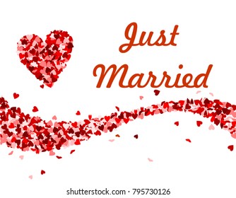 Just married text with red hearts wave