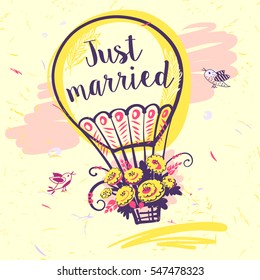 Just married text and vector balloon with bird. Illustration for wedding invitation. Element of poster, banner, logo for concept postcard. 