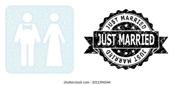 Just Married textured seal and vector just married persons mesh model. Black stamp seal contains Just Married text inside ribbon and rosette. Abstract flat mesh just married persons,