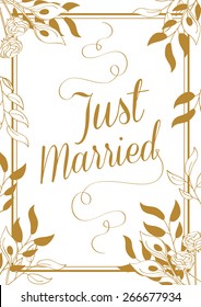 Just Married Typography Card Illustration with Floral Frame in Vector Style