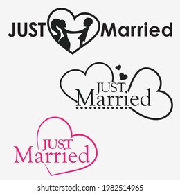 Just married typography with lovers. Creative lettering vector.