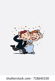 Just married under rain of rice, happy. Vector isolated characters.
