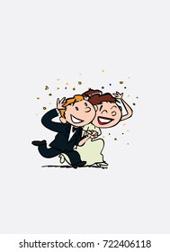 Just married under rain of rice, happy. Vector isolated characters.
