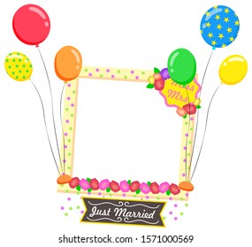 Just married vector, isolated photozone accessories flat style. Composition for photo with inflatable balloons and flowers, frame with text for weddings photography. Mrs and mr newlywed zone