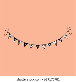Just married vintage triangle flag isolated on orange background.