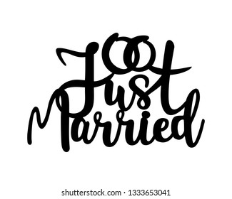 Just married Wedding cake topper, Decor vector design, calligraphy pattern, handwritten. Perfect for scrap booking, poster, textile, photo zone. Vector illustration, template for laser or milling cut.