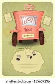 Just married. Wedding Card in Retro Style. Wedding Car. Place for Text. Vector Illustration.