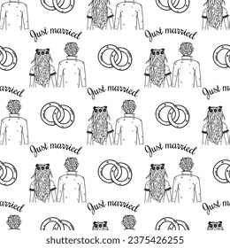 Just married, wedding ceremony back view seamless vector pattern. A bride in a flower wreath, and loose hair holds the hand of her groom. Engagement, rings for husband and wife. Doodle background