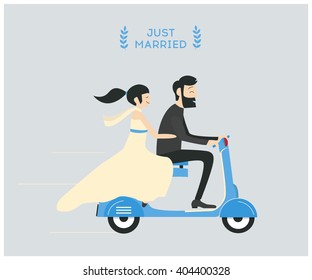 Just married wedding couple riding motorcycle