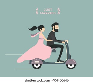 Just married wedding couple riding motorcycle