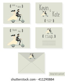 Just married wedding couple riding motorcycle, wedding invitation cards set