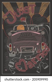 Just married wedding invitation card design in vintage style with chalkboard , eps10 vector format