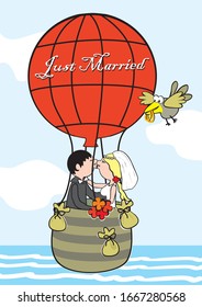 Casada, pareja joven vuela en globo. Al fondo está el mar y el cielo. Graciosa ilustración vectorial.