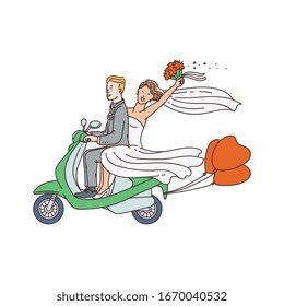 Just married young couple riding motorbike or moped, sketch vector illustration isolated on white background. Bride and groom cartoon characters in wedding travel.