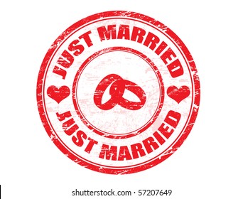 JUST MARRIED.Wedding grungy rubber stamp with two rings and heats