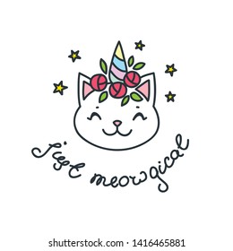 Just meowgical. Cute illustration of sparkling unicorn cat face isolated on white background. Vector 8 EPS.