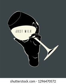 Just milk. Vector hand drawn illustration of female hand with glass isolated. Template for card, poster. banner, print for t-shirt, pin, badge, patch.