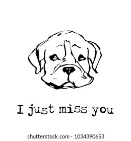 I just miss you. Black and white vector  illustration on white background with cute bulldog puppy