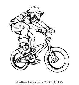 Just A Monochrome Vector Image Of A Cyclist On A BMX Bike. Drawing For A T-shirt. Caricature