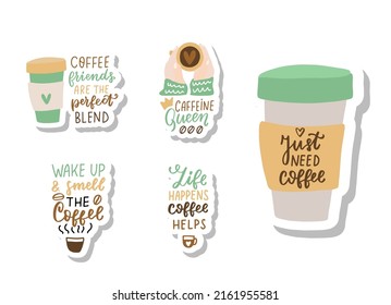 Just need coffee. Caffeine queen. Start your day. Funny coffee quotes set. Hand lettering overlay. Brush calligraphy design vector element. Coffee phrases text background, greeting card design.