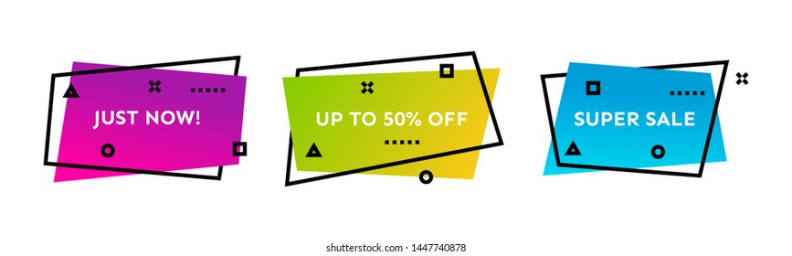 Just Now, Up to 50% off, Super Sale. Set of three colorful geometric trendy banners.  Modern gradient shape with promotion text. Vector illustration.