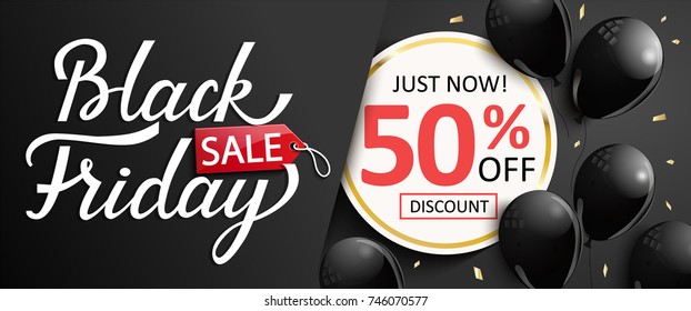 Just now discount banner for black friday. Sale card for sellers with shiny balloons. Vector illustration.