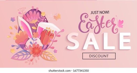 Just now Easter sale flyer, banner, card with papercut egg, beautiful flowers and rabbits ears. Big discounts on holidays. Poster, placard.Template for your design. Vector illustration.