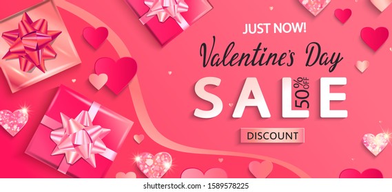 Just now sale banner for Valentines day clearance. Only now 50 percent discounts.Poster with glitters, shiny hearts, gifts,shimer.Template for flyer, invitation for february 14.Vector illustration.