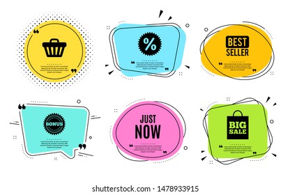 Just now symbol. Best seller, quote text. Special offer sign. Sale. Quotation bubble. Banner badge, texting quote boxes. Just now text. Coupon offer. Vector