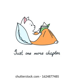 Just one more chapter. Doodle illustration of a cute white cat reading a book lying in bed. Vector 8 EPS.