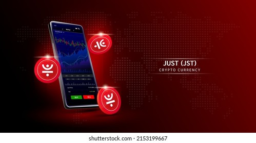 JUST and Phone. App for trading crypto currency on the touch screen smartphone. Data analytics stock market. Trends and financial strategy. Mobile banking cryptocurrency. Vector 3d. 