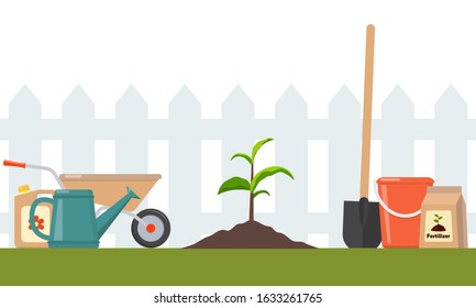 Just planted in the ground sprout and garden tools around. Seedling fruit tree with shovel, fertilizers and watering can. Illustration for agricultural booklets, flyers garden