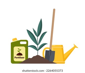 Just planted in the ground sprout and garden tools around. Sprout, shovel, fertilizer and watering can. Vector illustration for agricultural booklets, flyers garden