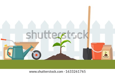 Just planted in the ground sprout and garden tools around. Seedling fruit tree with shovel, fertilizers and watering can. Illustration for agricultural booklets, flyers garden