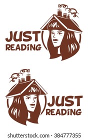 just reading logo girl with a book on his head set of round brown