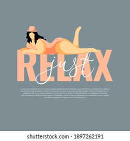 Just Relax banner, poster, flyer design with plus size pin up women on grey background. Young girl on text Just Relax. Motivation slogan, quote  template. Vector illustration.