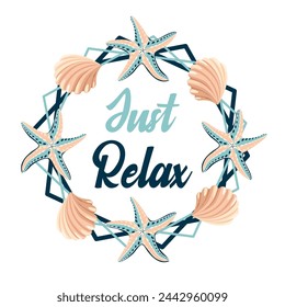 Solo relájate con estrellas de mar y conchas. Ilustración de vector 