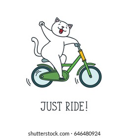 Just ride! Doodle vector illustration of funny white cat riding a bike